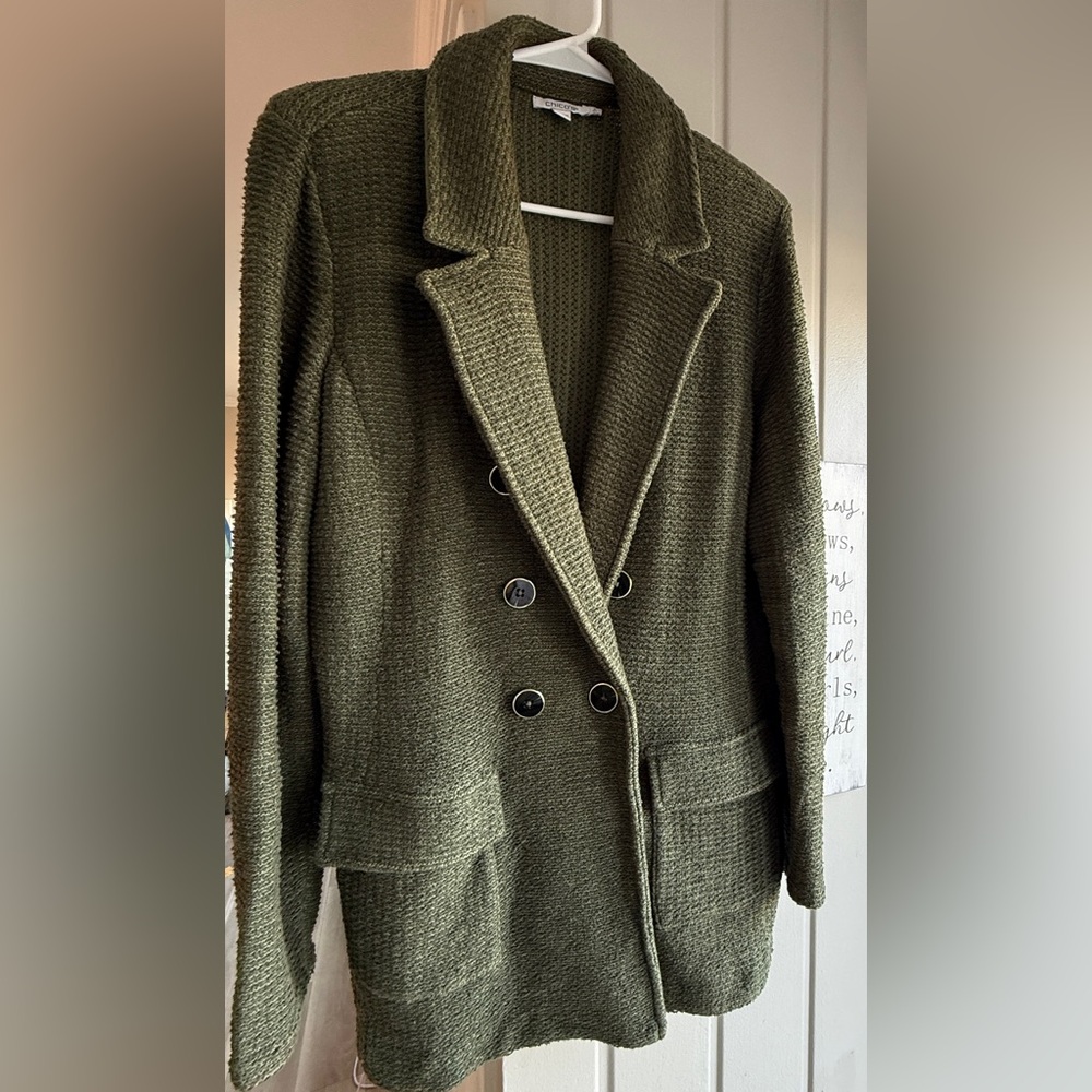 Chico's Double-Breasted Textured Knit Jacket Blazer in Olive